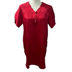 Vintage Erika Taylor Intimates Sleep Shirt Red Floral Scalloped Neck Trim Sz S